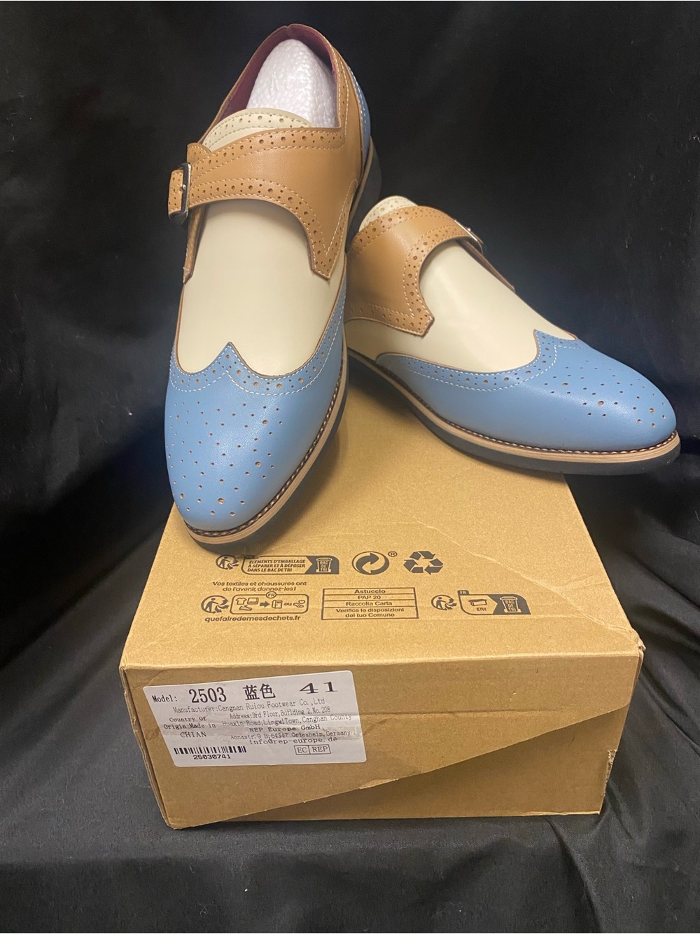 NEW in Box. Two-Tone Blue and Tan Wingtip Loafers. Size 41.